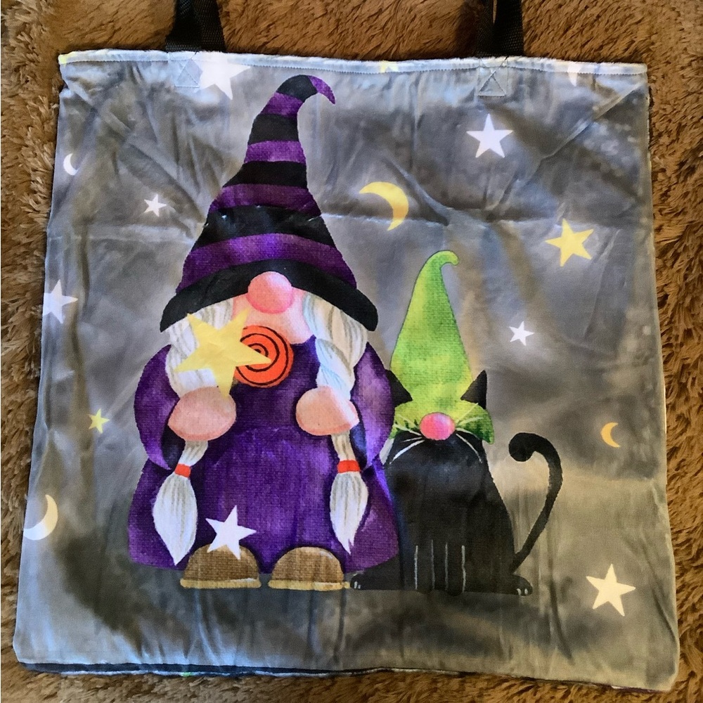 Sew Sweet Minky Gnome Witch tote, Whimsical Witch and Cat Tote Bag